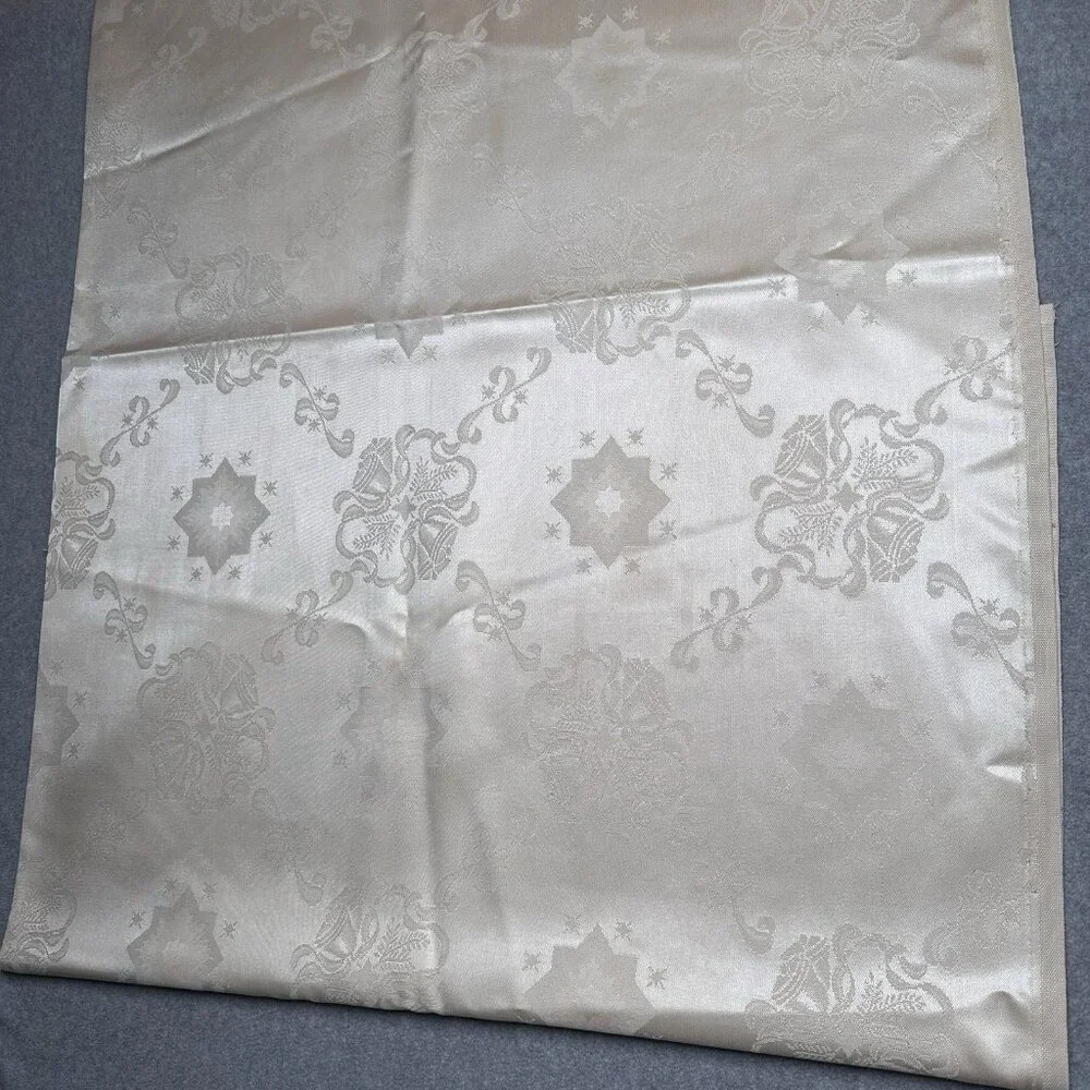 Vintage Cream Satin Damask Tablecloth 70 x 54 Floral Star Pattern